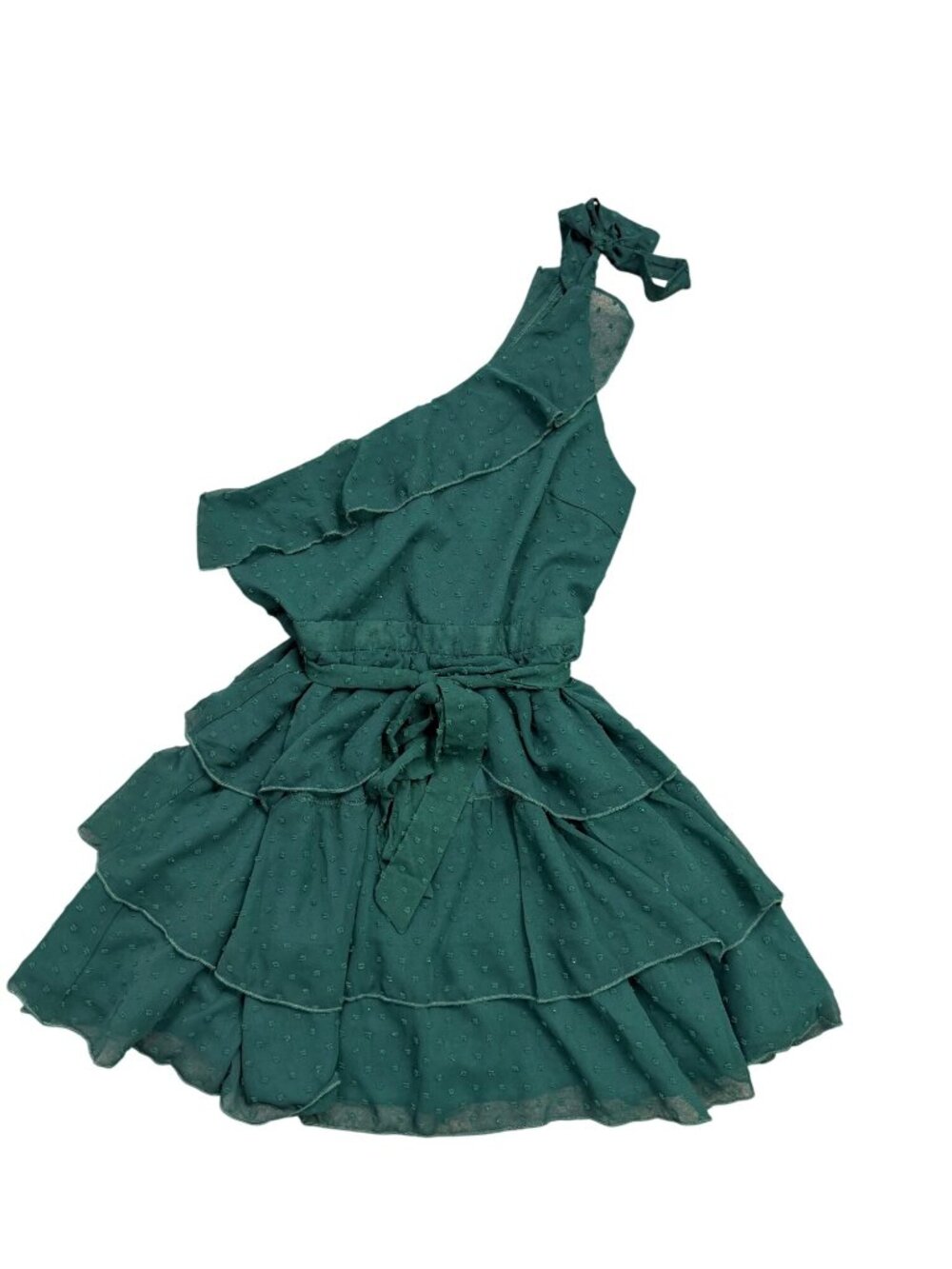 Showpo Womens Green One-Shoulder Tiered Mini Dress Ruffled & Belted Size 12 - Picture 2 of 7
